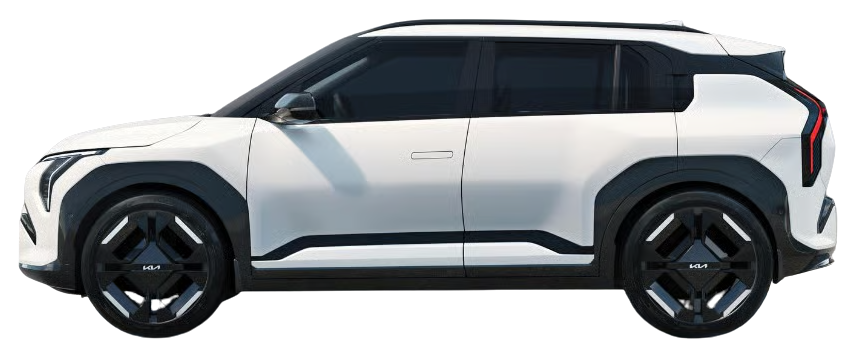 Weißer Kia Niro EV in Seitenansicht mit markantem Design und schwarzen Akzenten an Radläufen und Dachlinie.