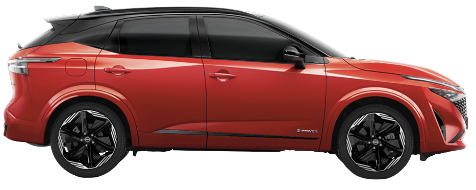 Roter Nissan Qashqai e-POWER SUV in Seitenansicht mit schwarzen Felgen und sportlichem Design.
